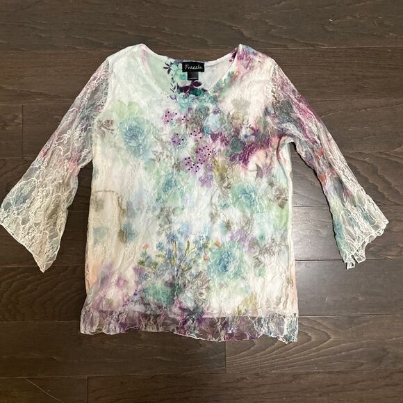 White Tops - Frazzle Womens Size L Lace Overlay Turquoise Floral‎ Fairy Ethereal Whimsical